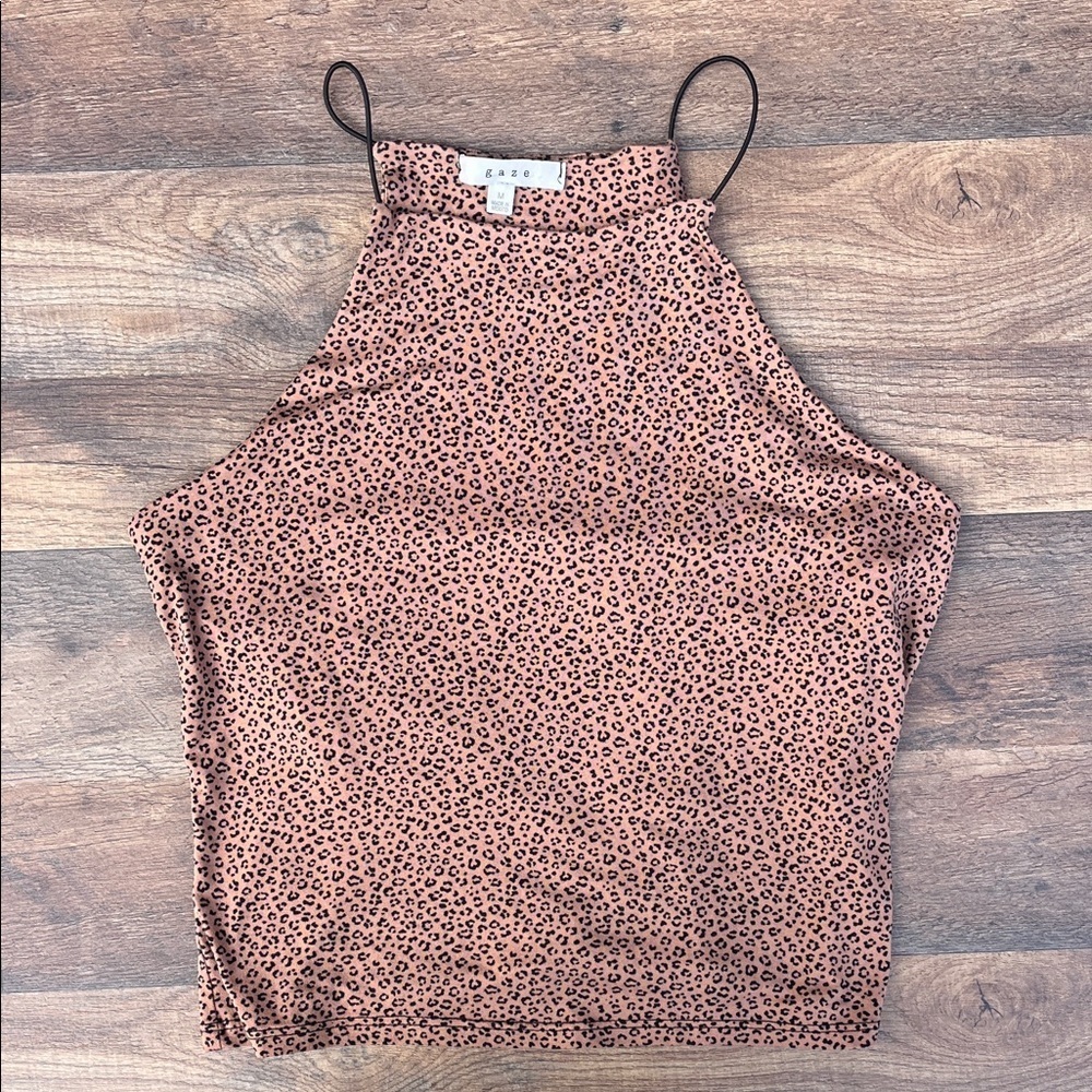 gaze Pink Leopard Print High Neck Tank Top